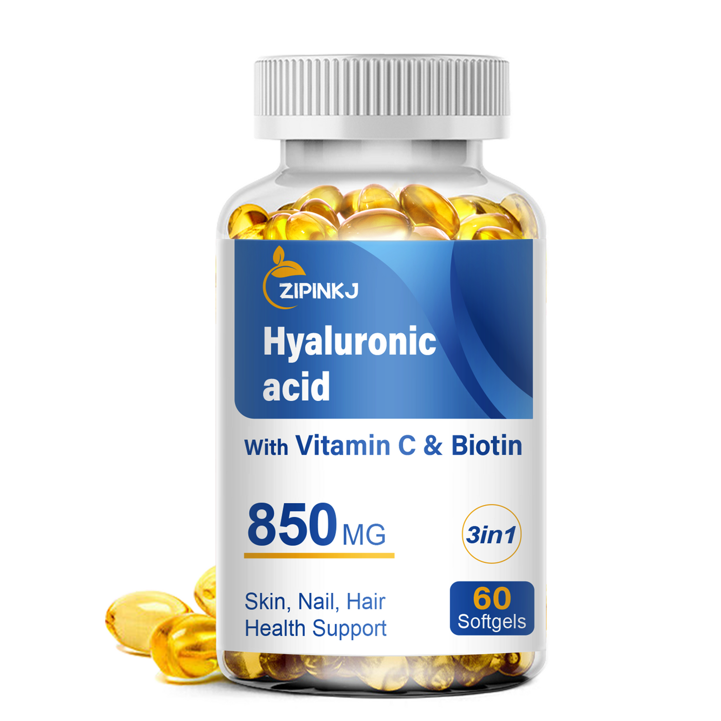 Hyaluronic Acid Supplements 850mg with Biotin 5000mcg & Vitamin C 25mg High Absorption, Skin Hydration, Hair and Nails Health, Non-GMO, Gluten Free