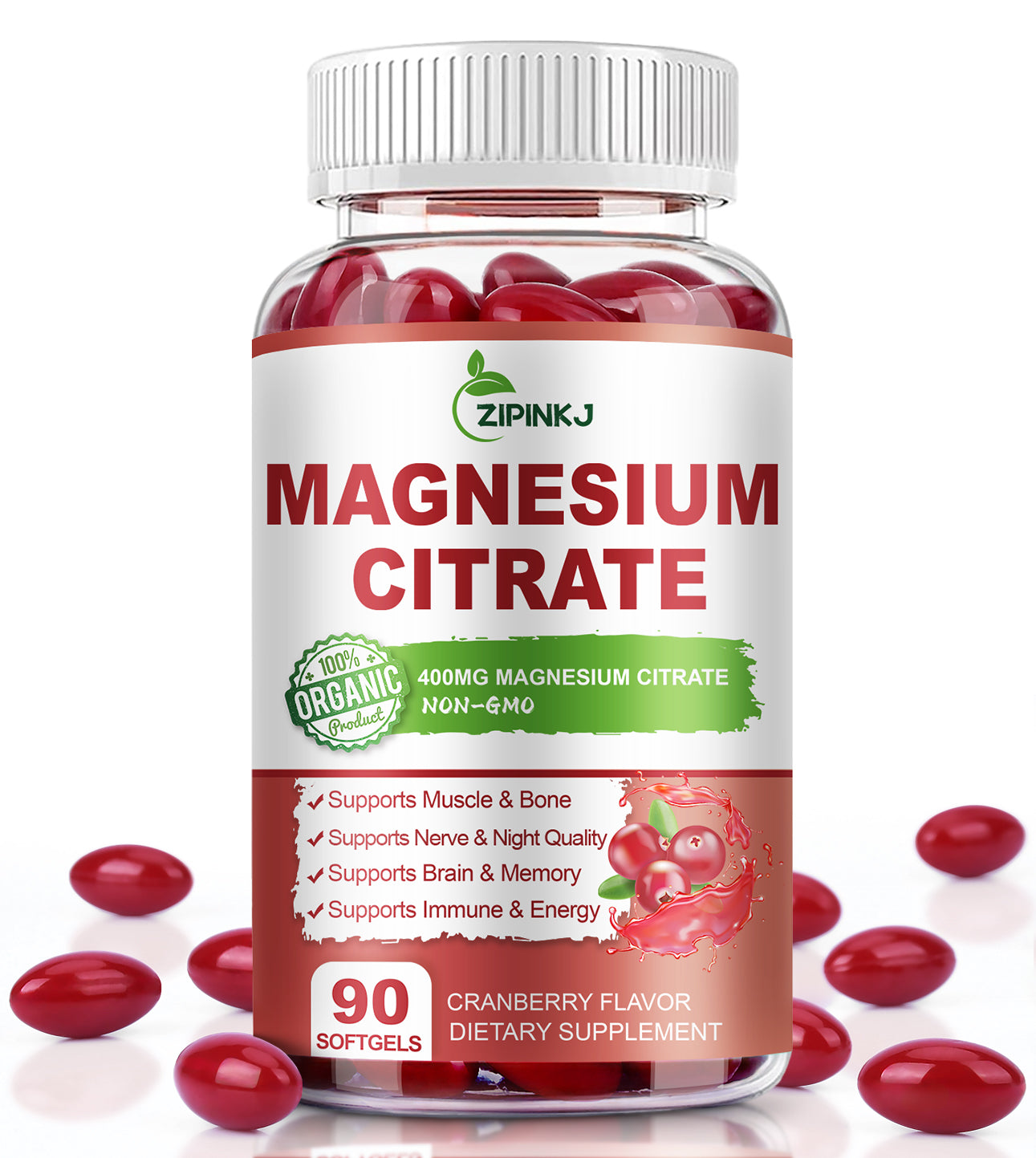 Magnesium Citrate Supplements Softgels for Women and Men, Magnesium Citrate 400mg with Vitamin D3, Vitamin B6 and Cranberry Extract High Absorption, Improved Night Quality Muscle & Bone