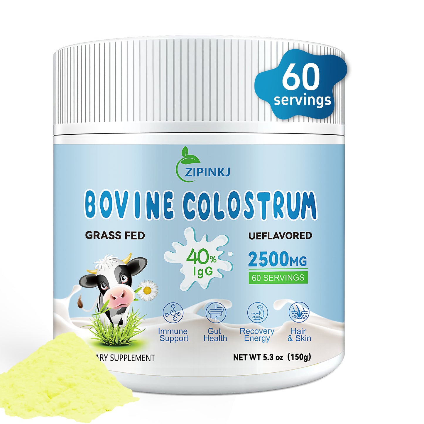 Bovine Colostrum Supplement Powder 2500mg, 40% IgG Grass-Fed Cows Colostrum Bovino Organico for Gut Health, Immune Support, Hair Health, Skin, Easy to Mix