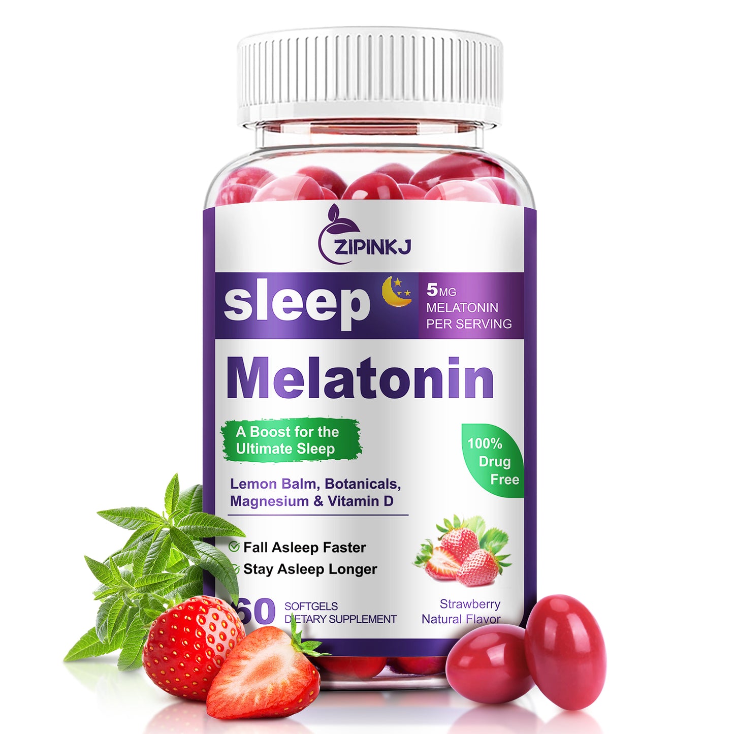 Sleep Aid Softgels, Sleep Aids for Adults, Sleep Supplement with Melatonin 5mg, Vitamin D2, Magnesium, and Lemon Balm, Strawberry Extract, Gluten-Free, Vegan & Non-GMO