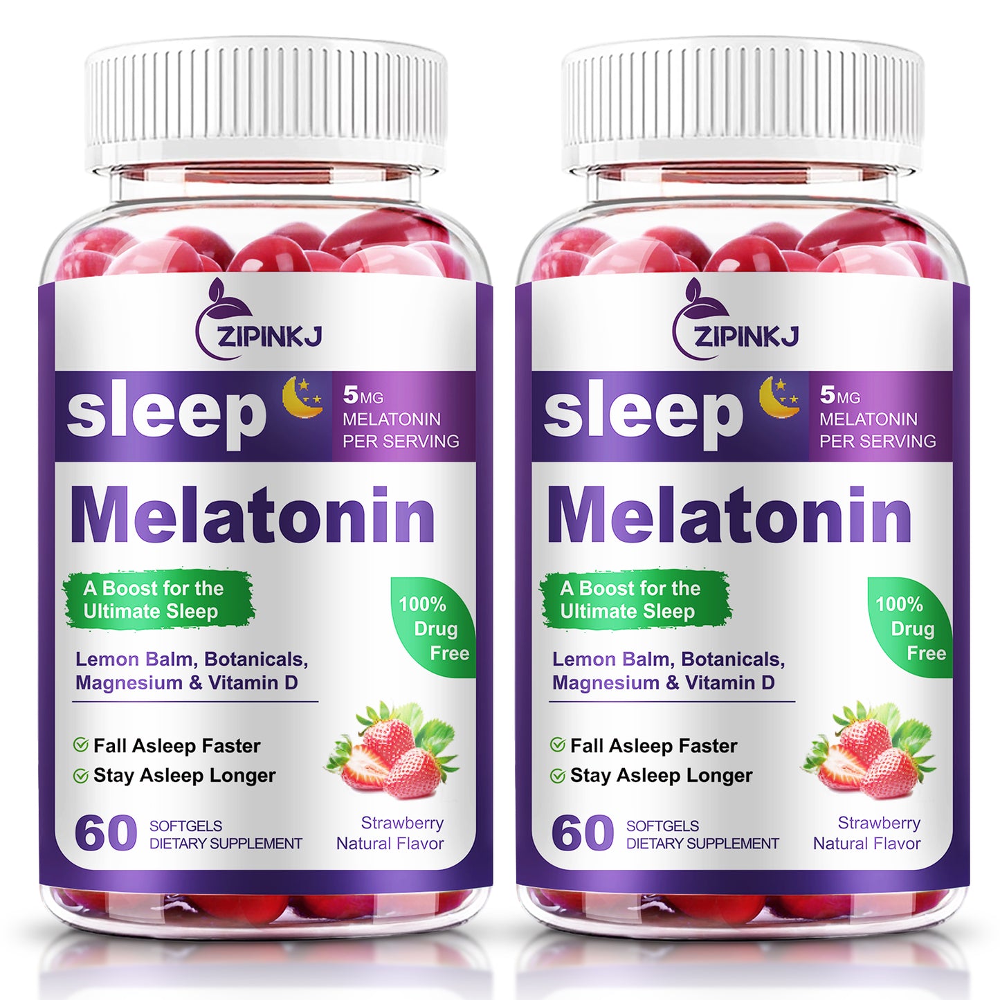 Sleep Aid Softgels, Sleep Aids for Adults, Sleep Supplement with Melatonin 5mg, Vitamin D2, Magnesium, and Lemon Balm, Strawberry Extract, Gluten-Free, Vegan & Non-GMO