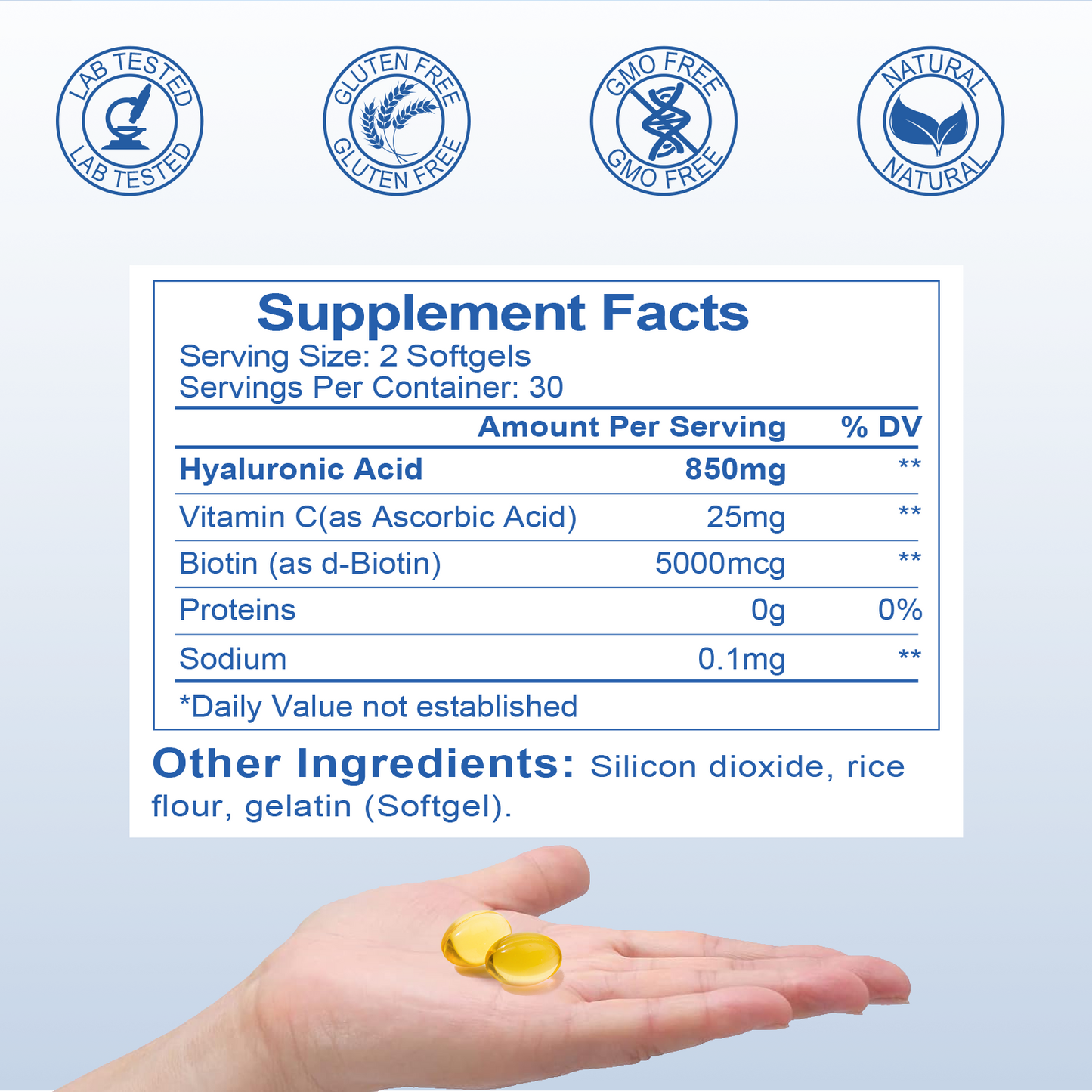 Hyaluronic Acid Supplements 850mg with Biotin 5000mcg & Vitamin C 25mg High Absorption, Skin Hydration, Hair and Nails Health, Non-GMO, Gluten Free