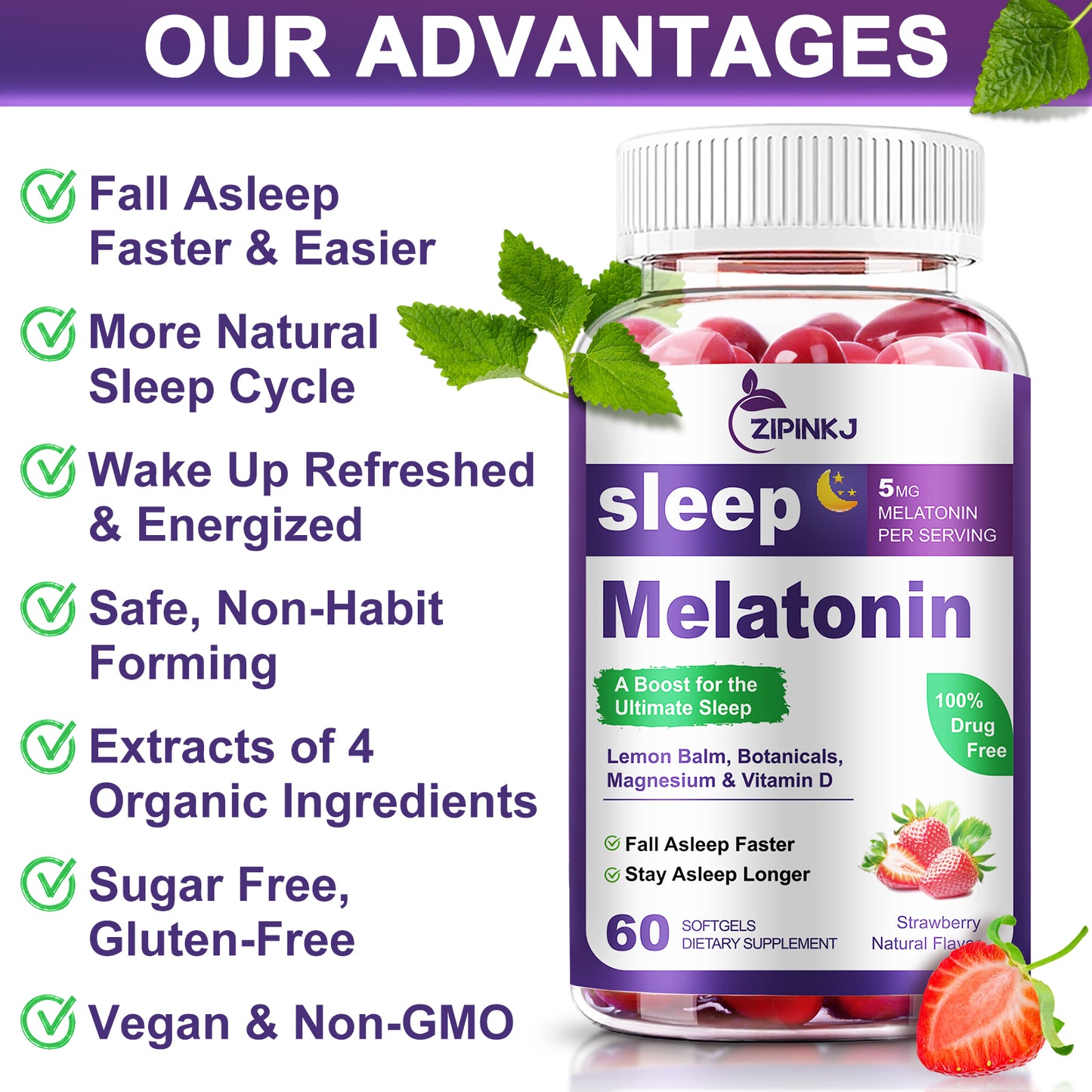 Sleep Aid Softgels, Sleep Aids for Adults, Sleep Supplement with Melatonin 5mg, Vitamin D2, Magnesium, and Lemon Balm, Strawberry Extract, Gluten-Free, Vegan & Non-GMO