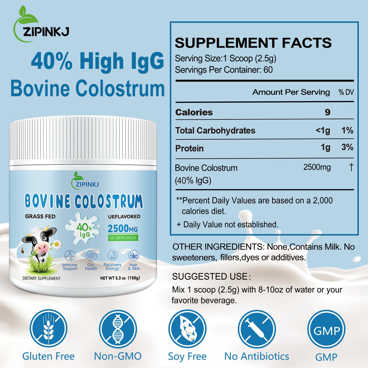Bovine Colostrum Supplement Powder 2500mg, 40% IgG Grass-Fed Cows Colostrum Bovino Organico for Gut Health, Immune Support, Hair Health, Skin, Easy to Mix