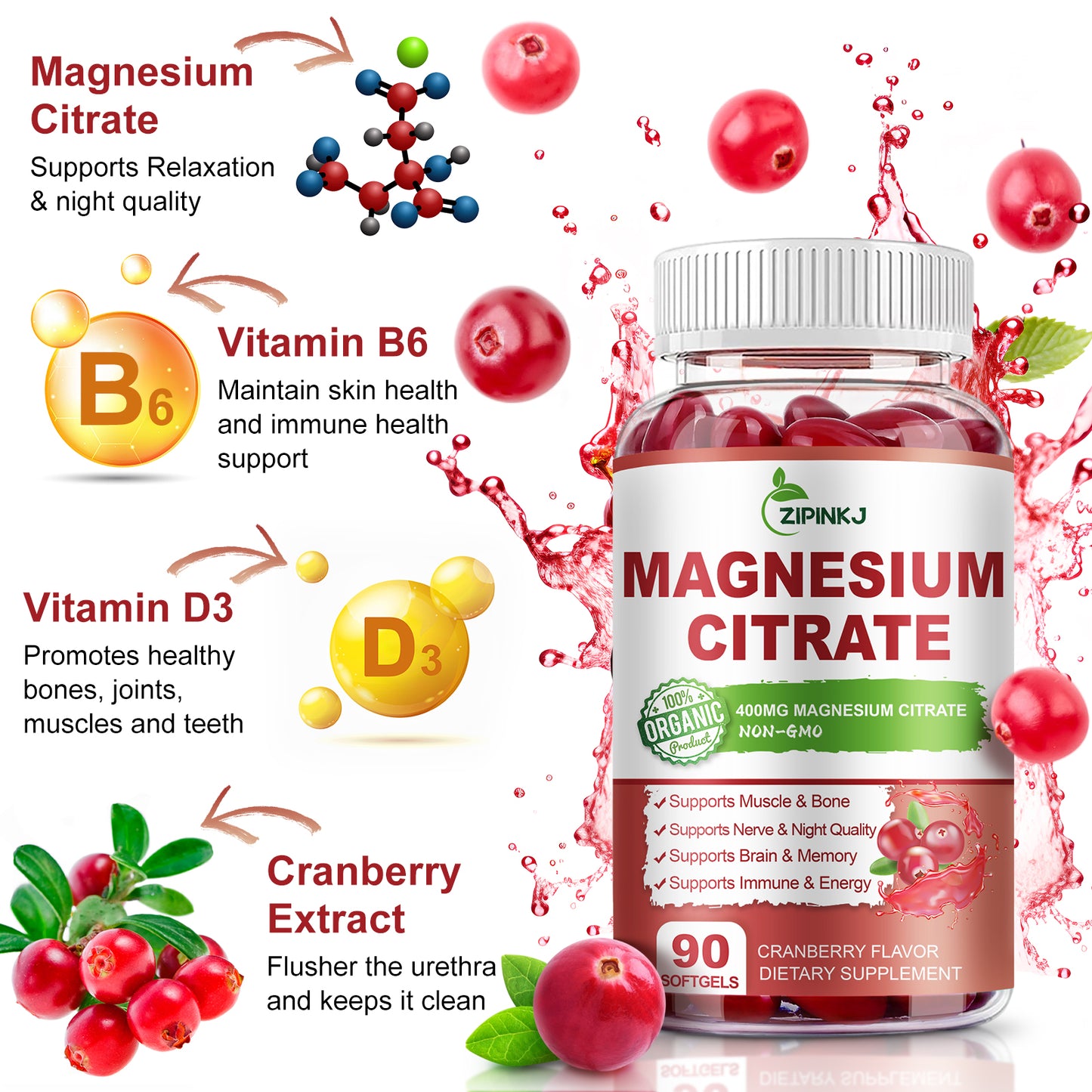 Magnesium Citrate Supplements Softgels for Women and Men, Magnesium Citrate 400mg with Vitamin D3, Vitamin B6 and Cranberry Extract High Absorption, Improved Night Quality Muscle & Bone