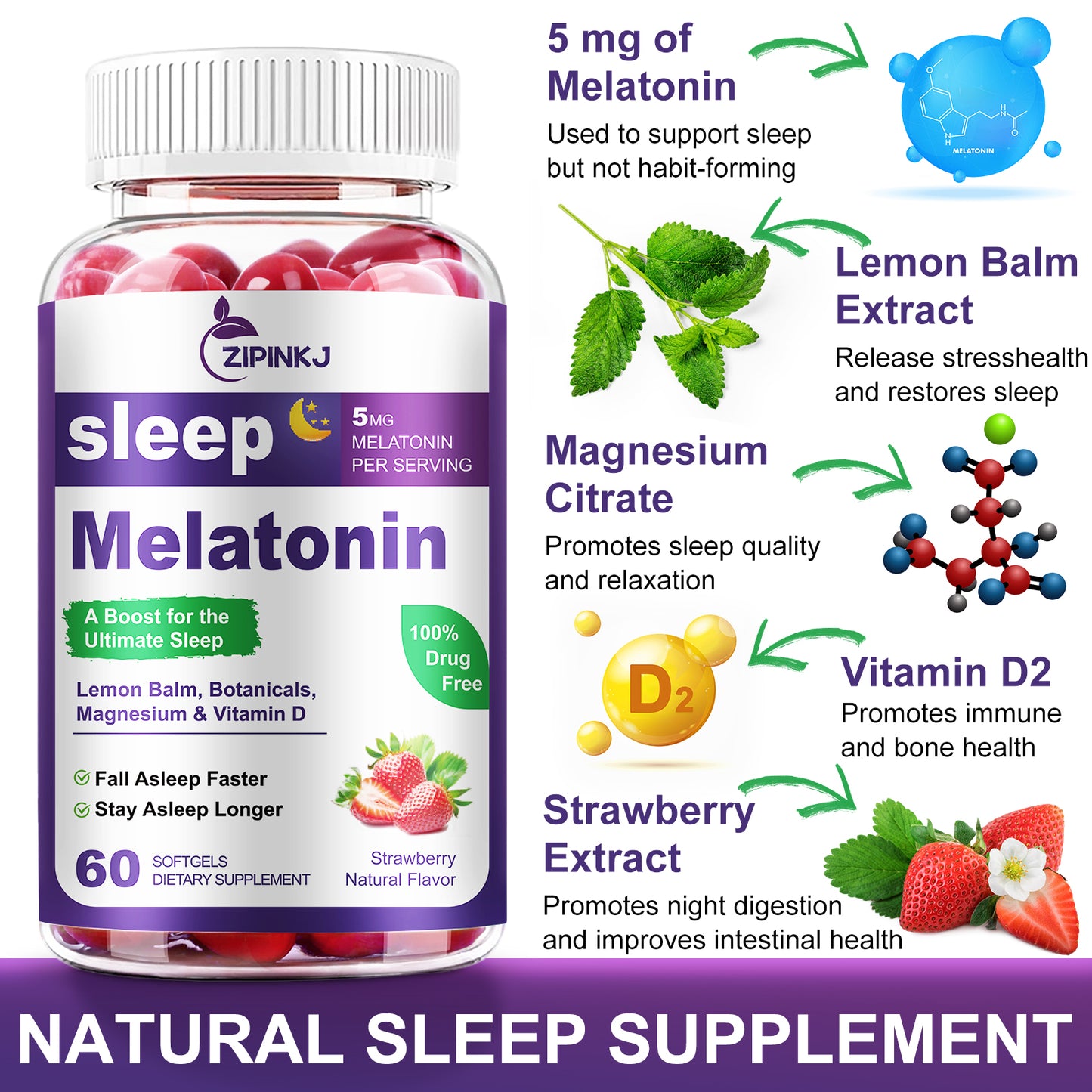 Sleep Aid Softgels, Sleep Aids for Adults, Sleep Supplement with Melatonin 5mg, Vitamin D2, Magnesium, and Lemon Balm, Strawberry Extract, Gluten-Free, Vegan & Non-GMO