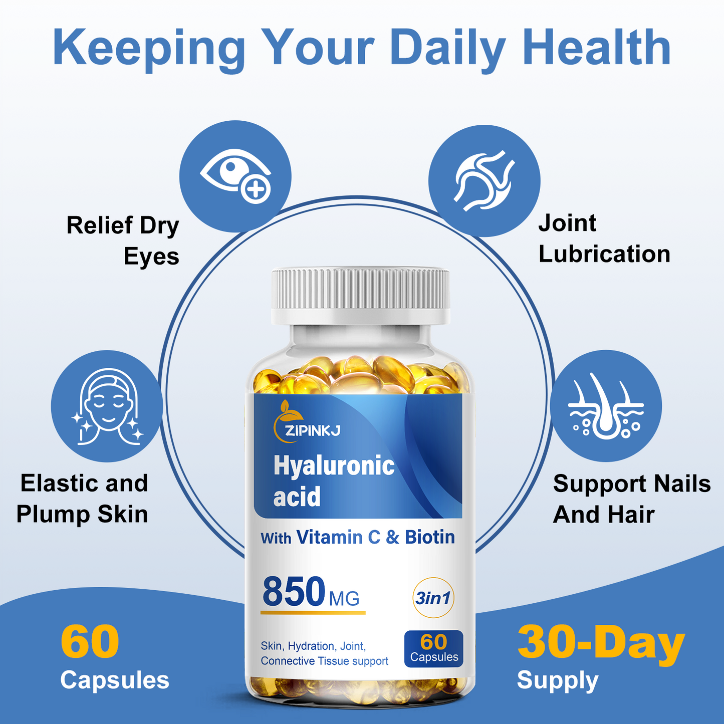 Hyaluronic Acid Supplements 850mg with Biotin 5000mcg & Vitamin C 25mg High Absorption, Skin Hydration, Hair and Nails Health, Non-GMO, Gluten Free