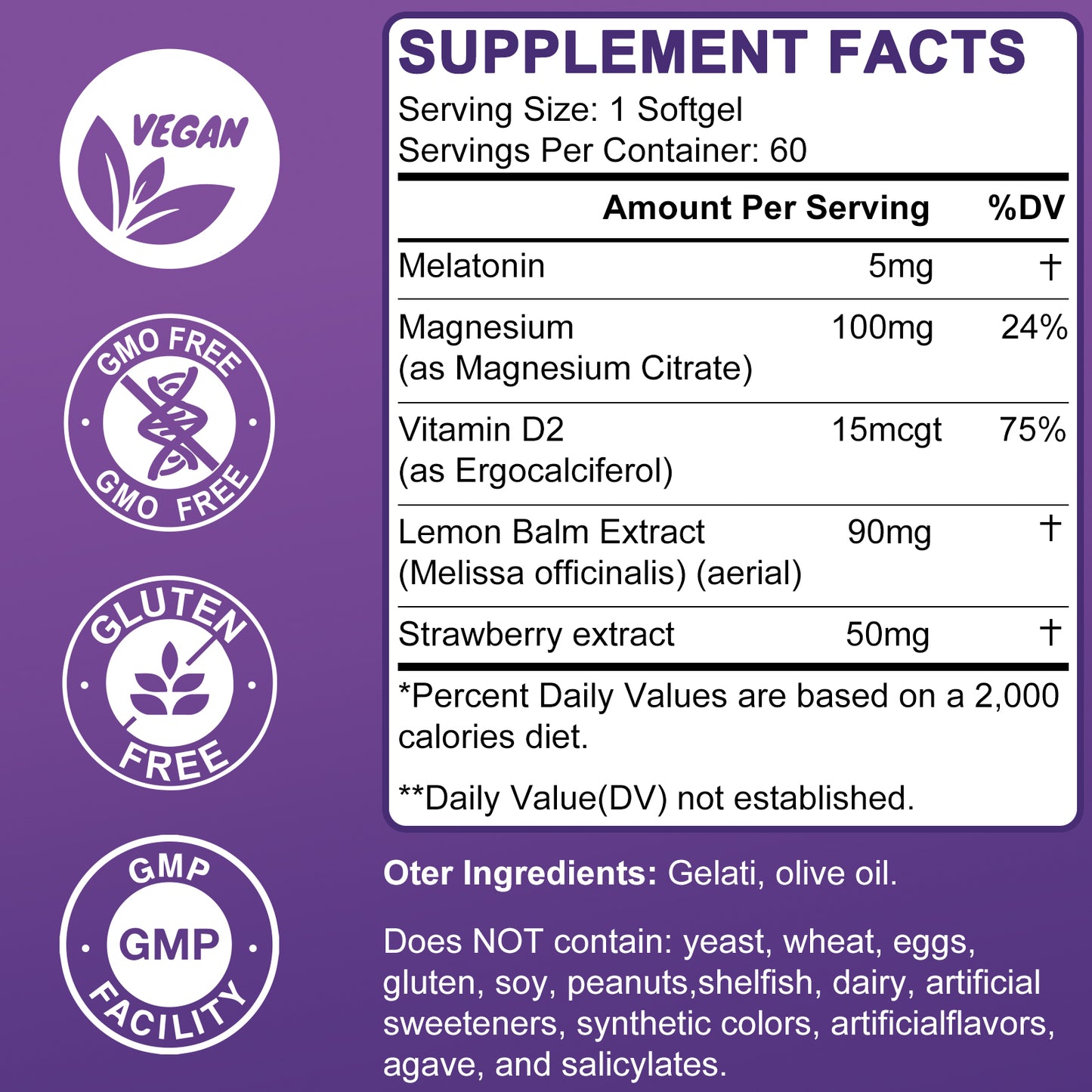 Sleep Aid Softgels, Sleep Aids for Adults, Sleep Supplement with Melatonin 5mg, Vitamin D2, Magnesium, and Lemon Balm, Strawberry Extract, Gluten-Free, Vegan & Non-GMO