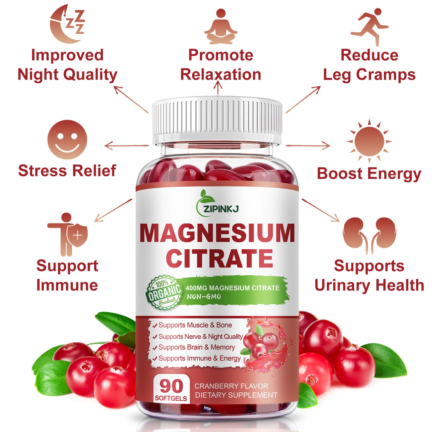 Magnesium Citrate Supplements Softgels for Women and Men, Magnesium Citrate 400mg with Vitamin D3, Vitamin B6 and Cranberry Extract High Absorption, Improved Night Quality Muscle & Bone