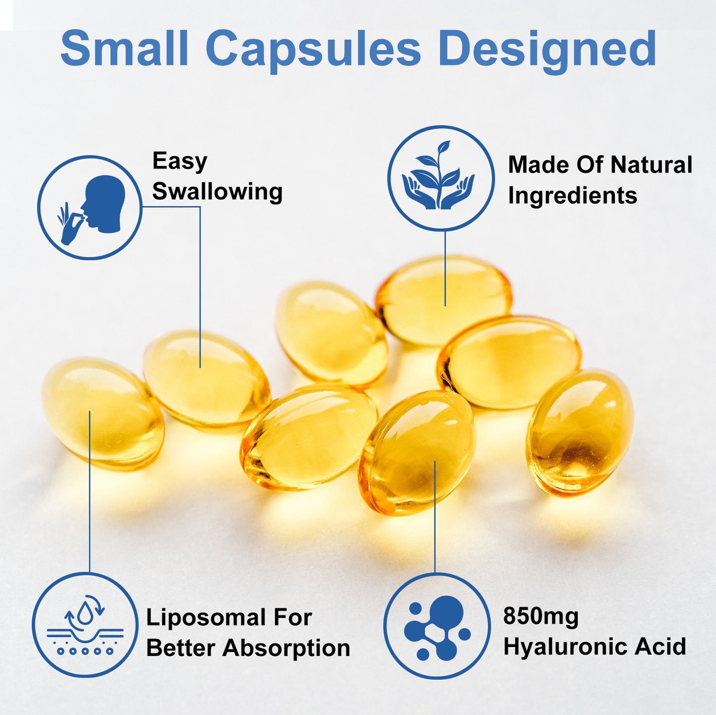 Hyaluronic Acid Supplements 850mg with Biotin 5000mcg & Vitamin C 25mg High Absorption, Skin Hydration, Hair and Nails Health, Non-GMO, Gluten Free