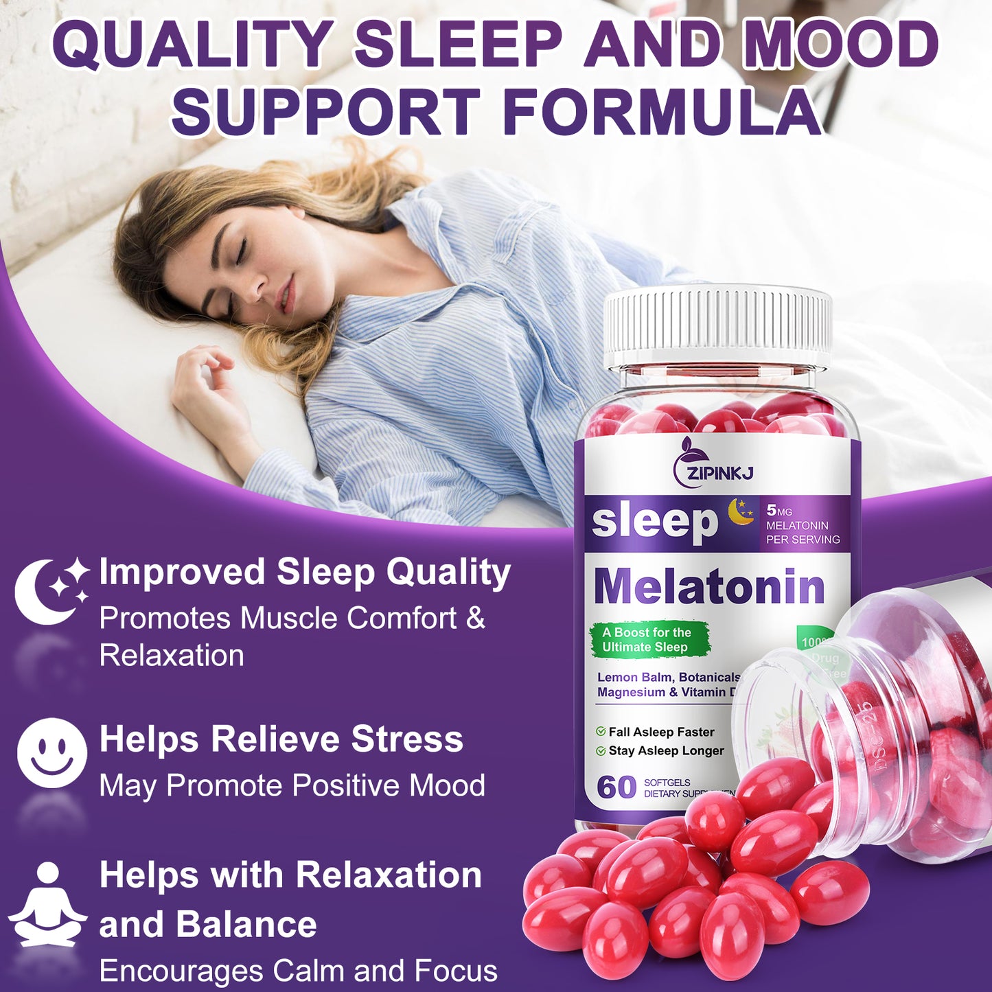Sleep Aid Softgels, Sleep Aids for Adults, Sleep Supplement with Melatonin 5mg, Vitamin D2, Magnesium, and Lemon Balm, Strawberry Extract, Gluten-Free, Vegan & Non-GMO