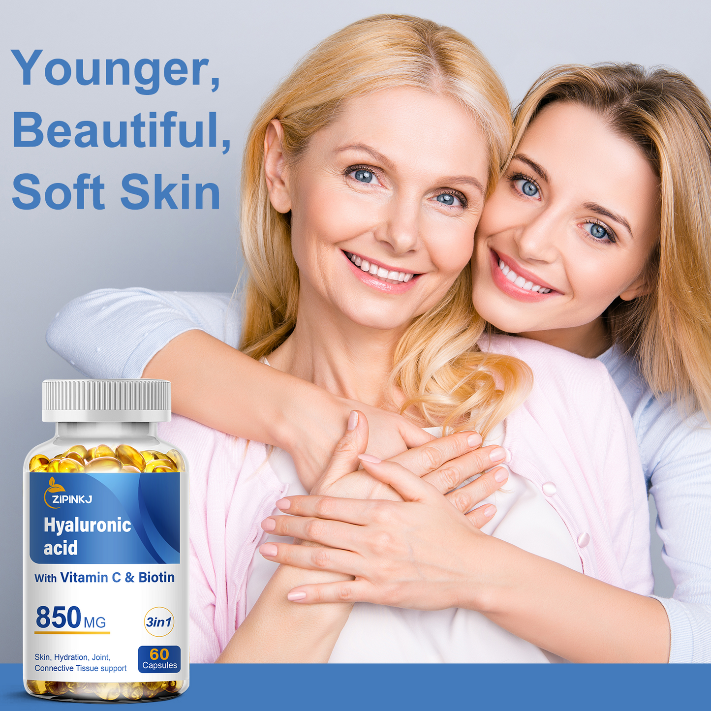 Hyaluronic Acid Supplements 850mg with Biotin 5000mcg & Vitamin C 25mg High Absorption, Skin Hydration, Hair and Nails Health, Non-GMO, Gluten Free