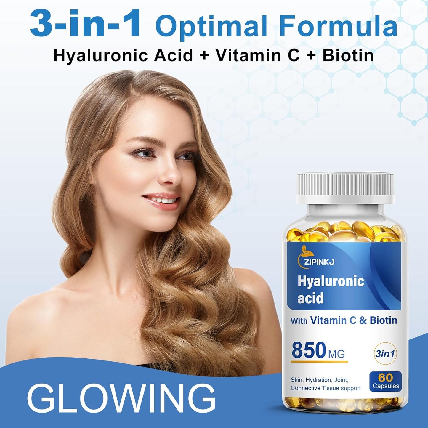 Hyaluronic Acid Supplements 850mg with Biotin 5000mcg & Vitamin C 25mg High Absorption, Skin Hydration, Hair and Nails Health, Non-GMO, Gluten Free