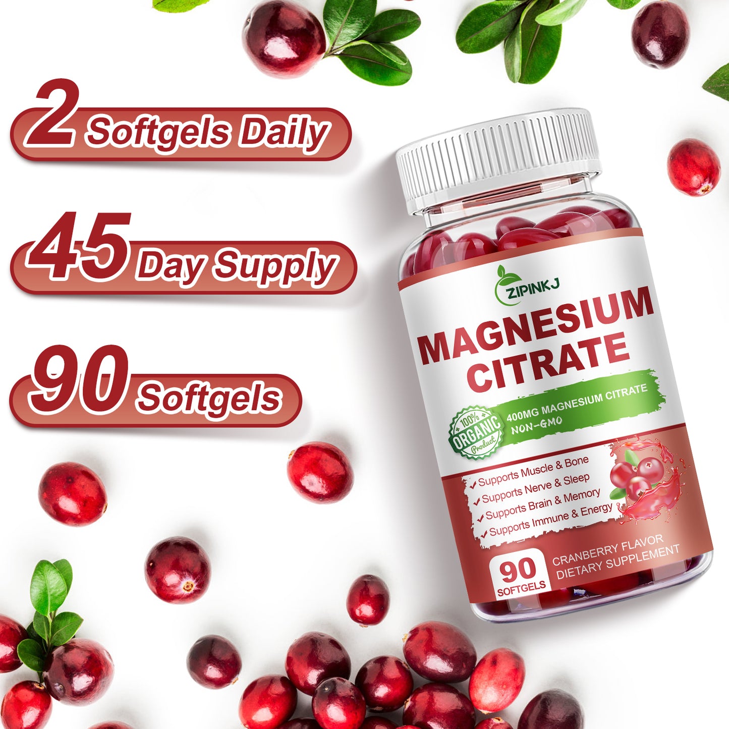 Magnesium Citrate Supplements Softgels for Women and Men, Magnesium Citrate 400mg with Vitamin D3, Vitamin B6 and Cranberry Extract High Absorption, Improved Night Quality Muscle & Bone