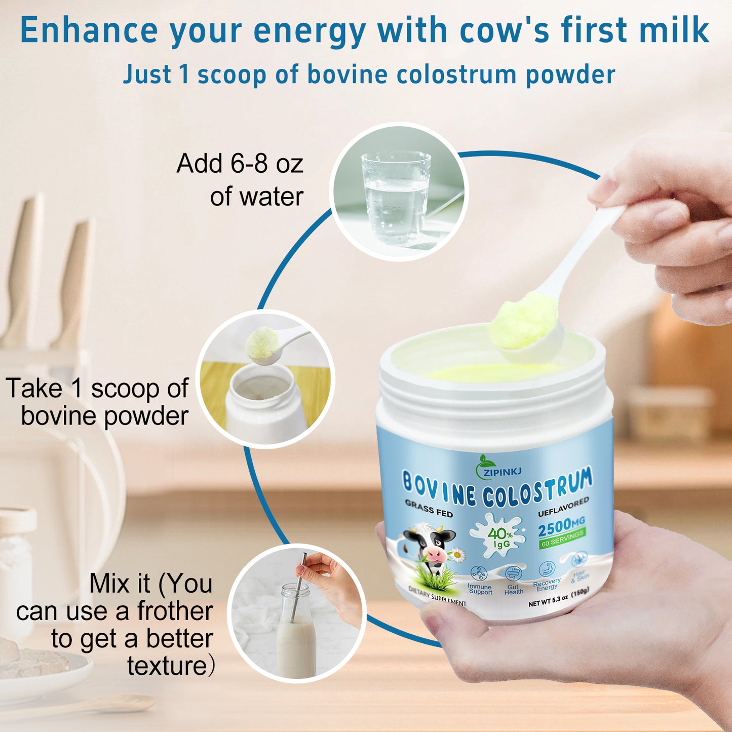 Bovine Colostrum Supplement Powder 2500mg, 40% IgG Grass-Fed Cows Colostrum Bovino Organico for Gut Health, Immune Support, Hair Health, Skin, Easy to Mix