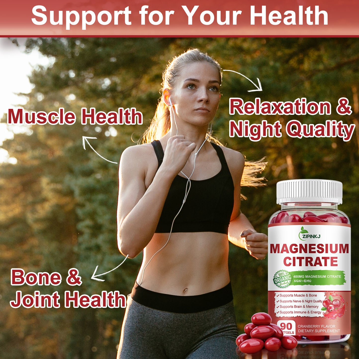 Magnesium Citrate Supplements Softgels for Women and Men, Magnesium Citrate 400mg with Vitamin D3, Vitamin B6 and Cranberry Extract High Absorption, Improved Night Quality Muscle & Bone