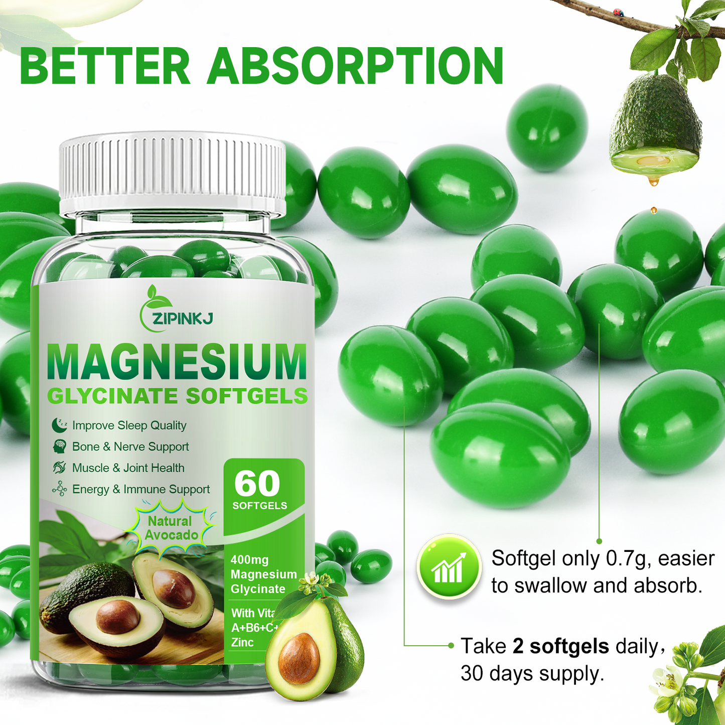 High Absorption Magnesium Glycinate Softgels, Magnesium Supplements 400mg with Zinc, Vitamin E, B6 for Women Men, Improve Sleep, Muscle Relaxation & Bone Health, Gluten-Free, Non-GMO