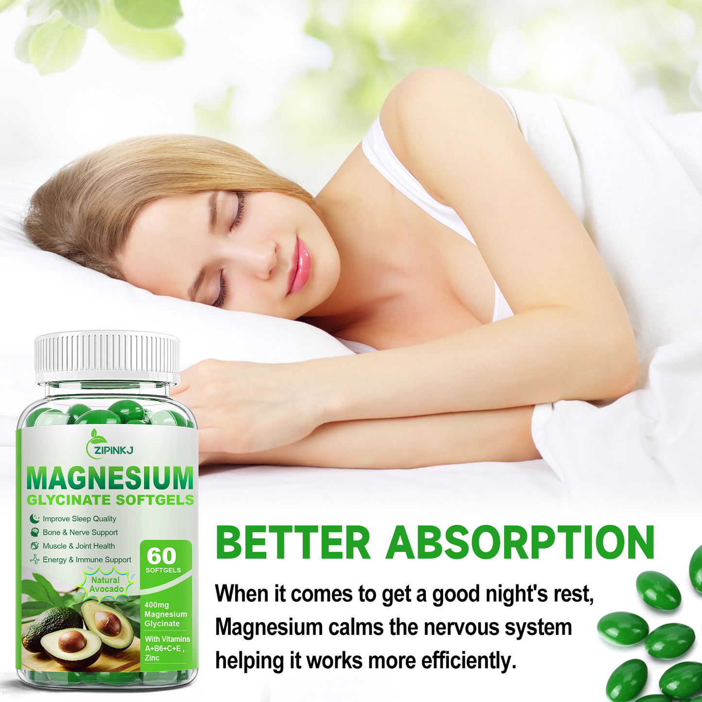 High Absorption Magnesium Glycinate Softgels, Magnesium Supplements 400mg with Zinc, Vitamin E, B6 for Women Men, Improve Sleep, Muscle Relaxation & Bone Health, Gluten-Free, Non-GMO