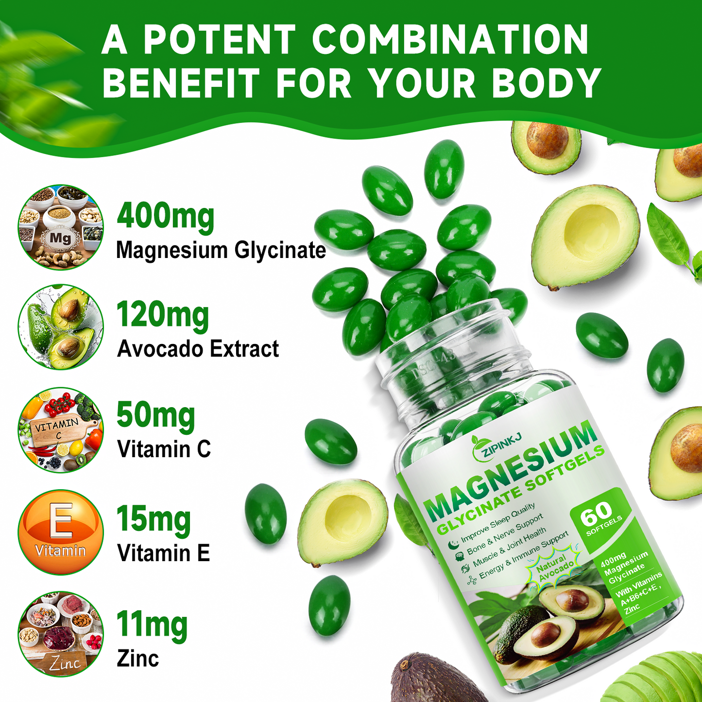 High Absorption Magnesium Glycinate Softgels, Magnesium Supplements 400mg with Zinc, Vitamin E, B6 for Women Men, Improve Sleep, Muscle Relaxation & Bone Health, Gluten-Free, Non-GMO
