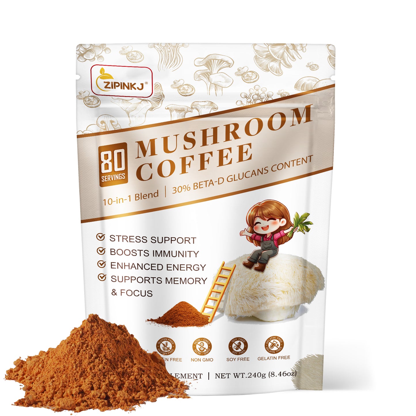 Mushroom Coffee Powder Organic (80 Servings) Instant Coffee Natural Ingredients - Lion's Mane, Cordyceps, Reishi, Chaga Mushrooms Powder Supplement Better Focus and Immunity, Gut Digestion
