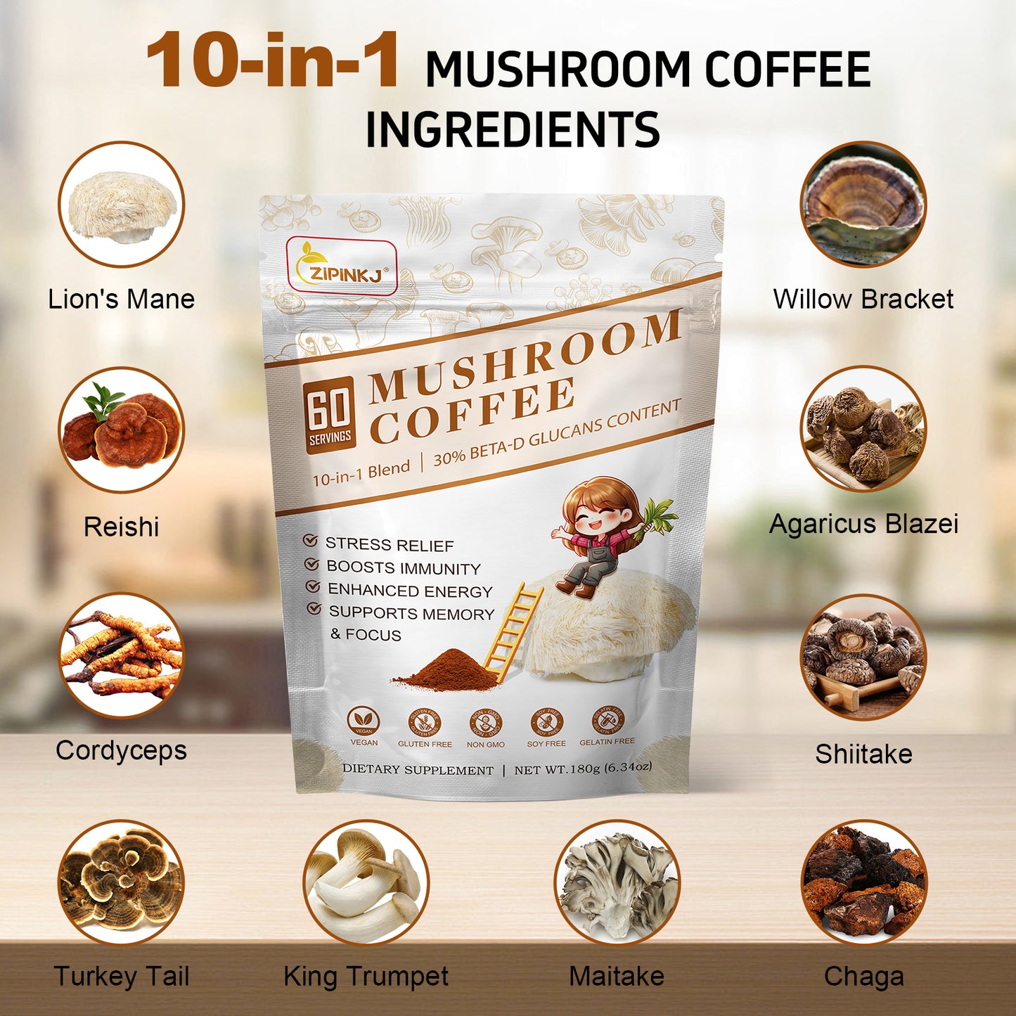Mushroom Coffee Powder Organic (80 Servings) Instant Coffee Natural Ingredients - Lion's Mane, Cordyceps, Reishi, Chaga Mushrooms Powder Supplement Better Focus and Immunity, Gut Digestion