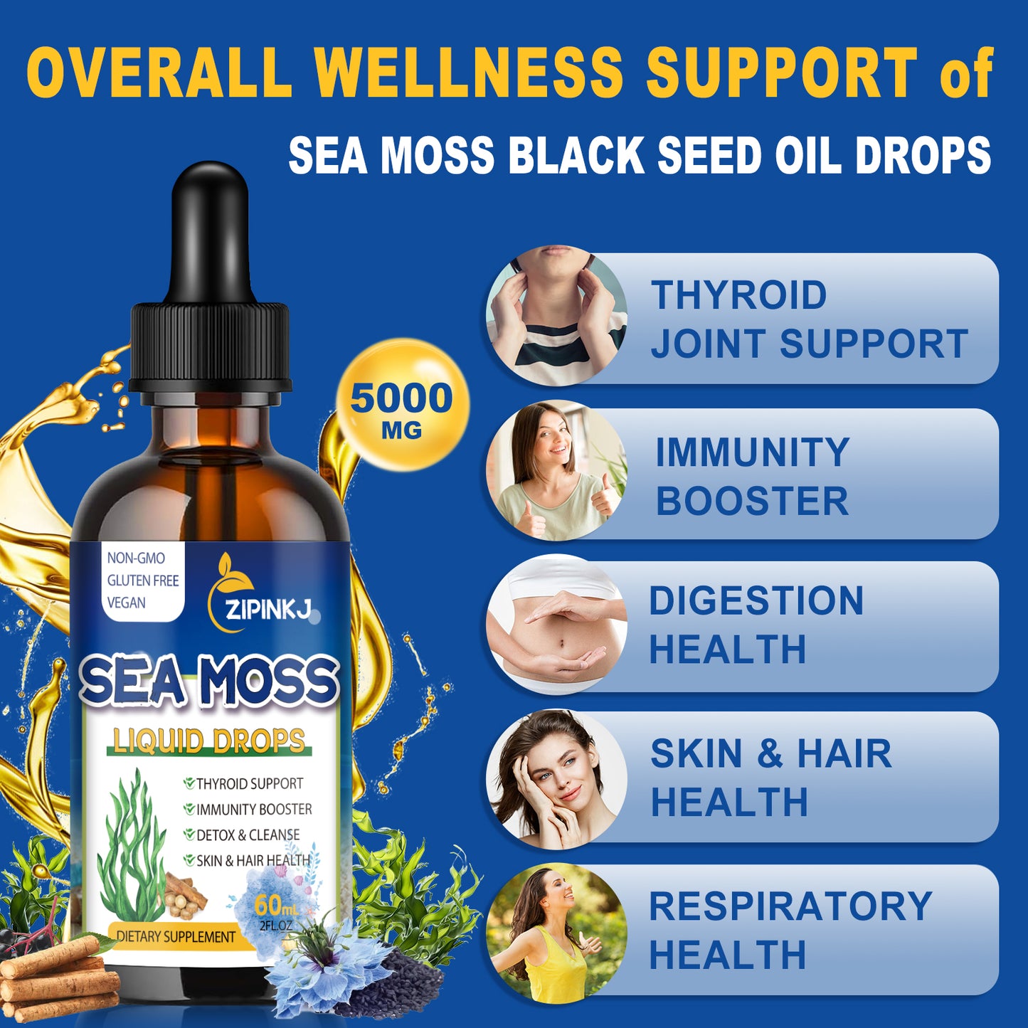 Sea Moss Liquid Drops, 11 in 1 Black Seed Oil & Irish Sea Moss Gel Ashwagandha Burdock Root, Spirulina, Bladderwrack, Elderberry for Joint, Digestion, Immunity Support, Non-GMO