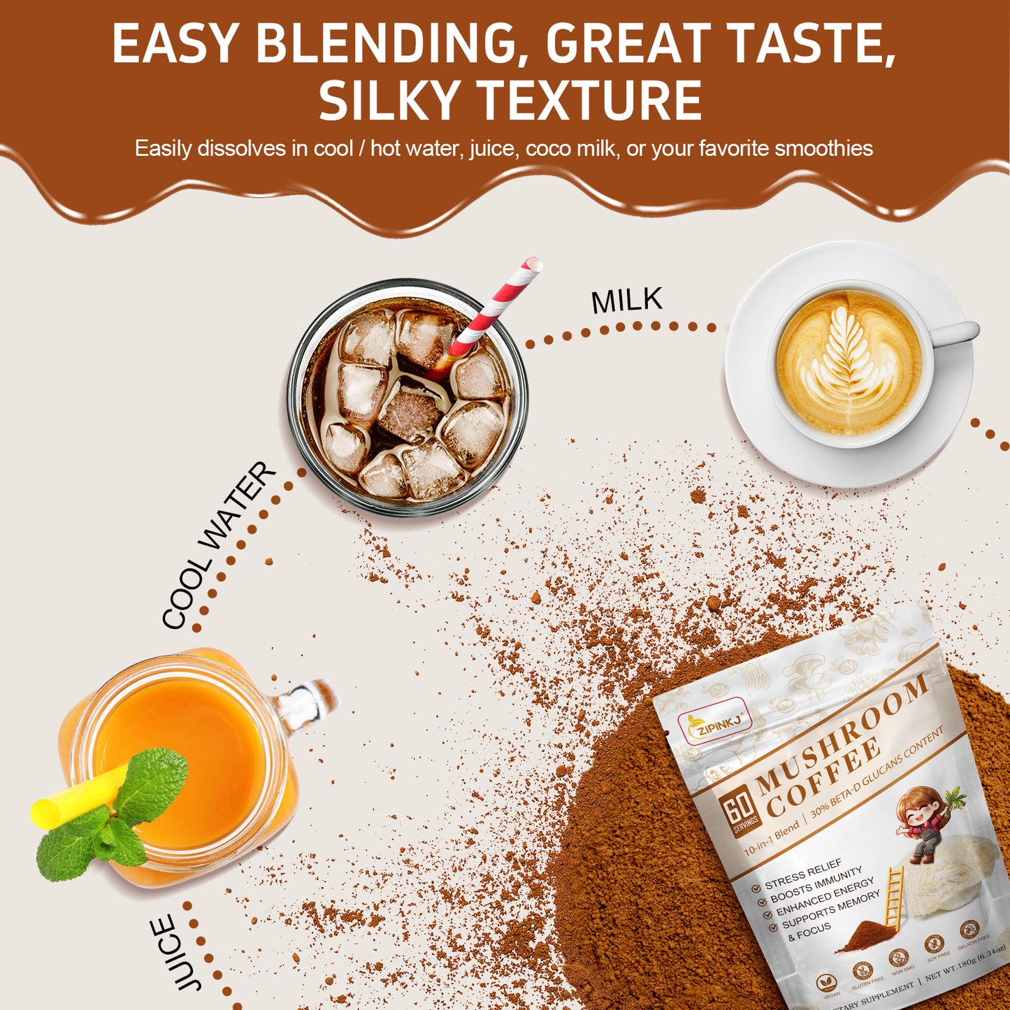 Mushroom Coffee Powder Organic (80 Servings) Instant Coffee Natural Ingredients - Lion's Mane, Cordyceps, Reishi, Chaga Mushrooms Powder Supplement Better Focus and Immunity, Gut Digestion