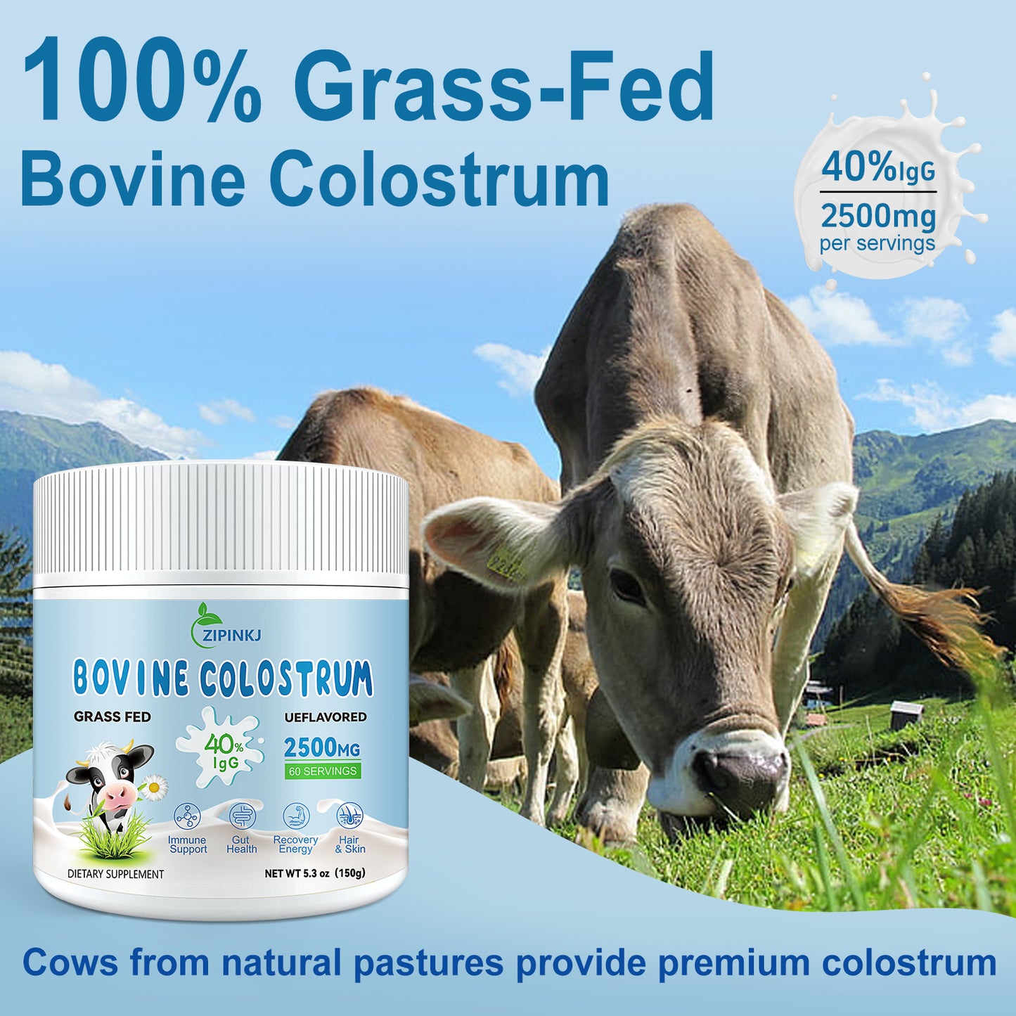 Bovine Colostrum Supplement Powder 2500mg, 40% IgG Grass-Fed Cows Colostrum Bovino Organico for Gut Health, Immune Support, Hair Health, Skin, Easy to Mix