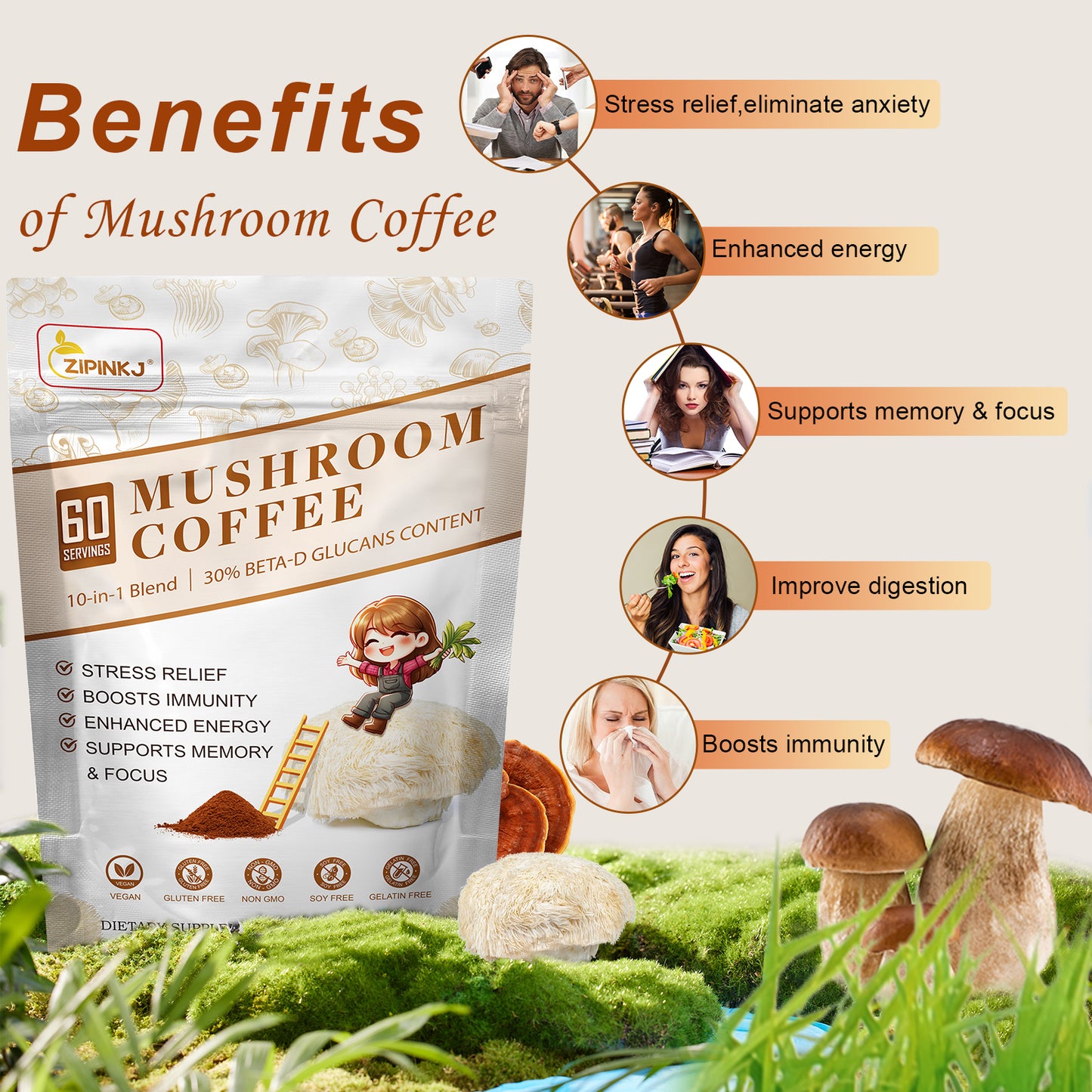 Mushroom Coffee Powder Organic (80 Servings) Instant Coffee Natural Ingredients - Lion's Mane, Cordyceps, Reishi, Chaga Mushrooms Powder Supplement Better Focus and Immunity, Gut Digestion