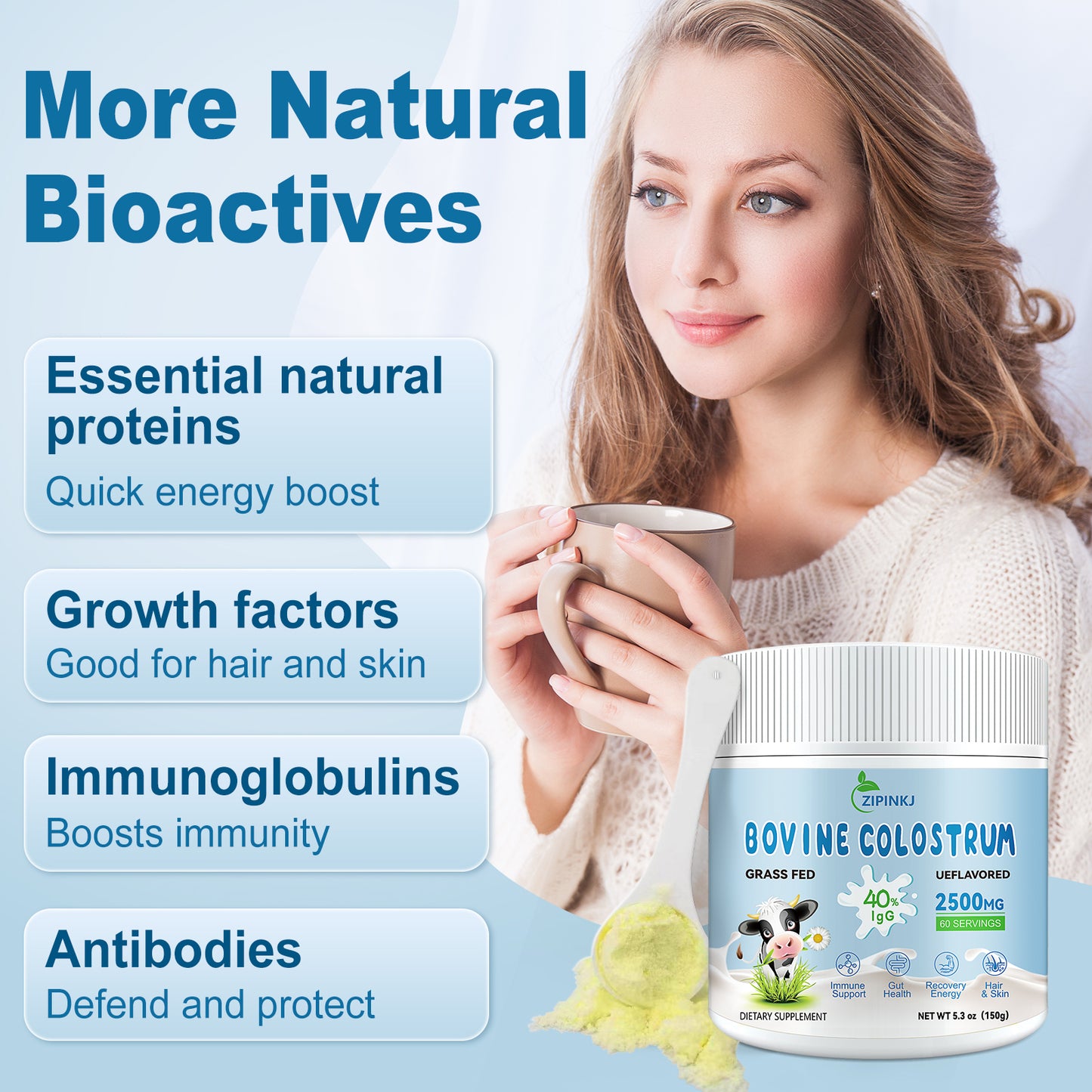 Bovine Colostrum Supplement Powder 2500mg, 40% IgG Grass-Fed Cows Colostrum Bovino Organico for Gut Health, Immune Support, Hair Health, Skin, Easy to Mix