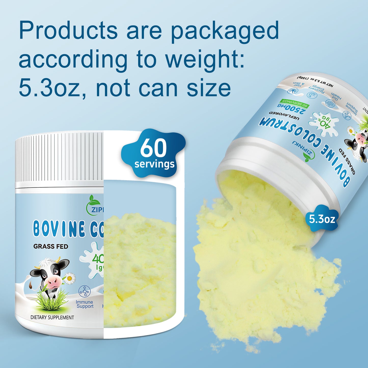Bovine Colostrum Supplement Powder 2500mg, 40% IgG Grass-Fed Cows Colostrum Bovino Organico for Gut Health, Immune Support, Hair Health, Skin, Easy to Mix