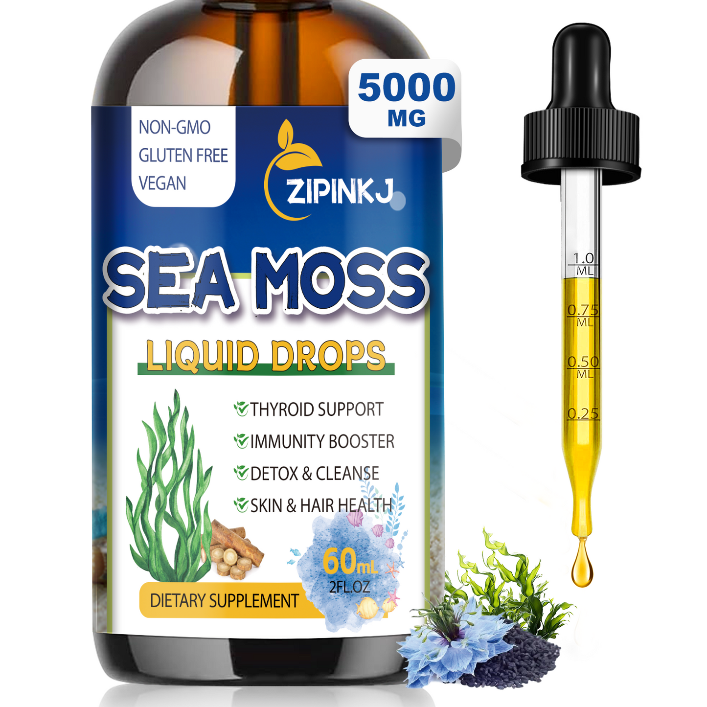 Sea Moss Liquid Drops, 11 in 1 Black Seed Oil & Irish Sea Moss Gel Ashwagandha Burdock Root, Spirulina, Bladderwrack, Elderberry for Joint, Digestion, Immunity Support, Non-GMO