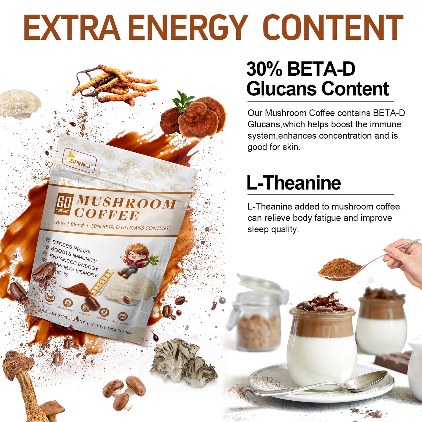 Mushroom Coffee Powder Organic (80 Servings) Instant Coffee Natural Ingredients - Lion's Mane, Cordyceps, Reishi, Chaga Mushrooms Powder Supplement Better Focus and Immunity, Gut Digestion