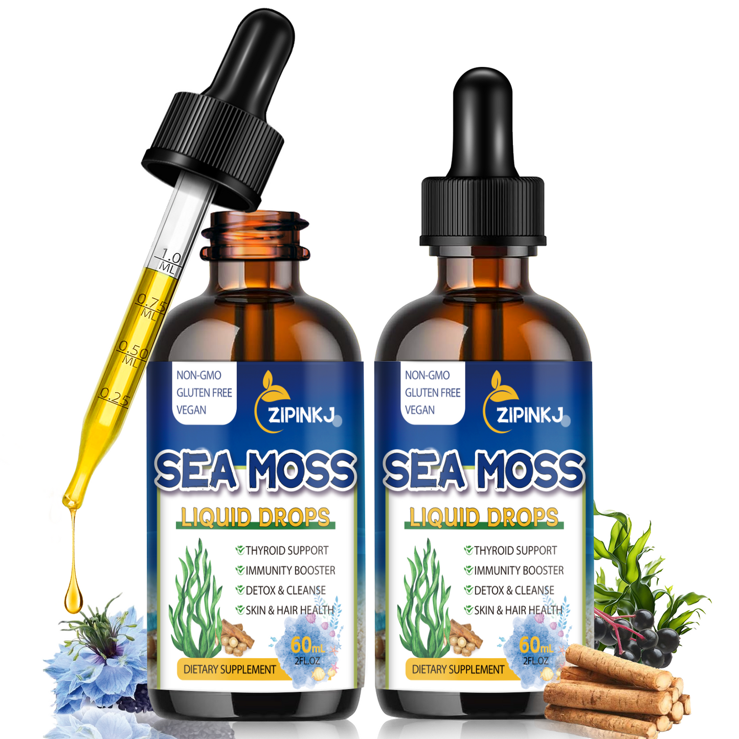Sea Moss Liquid Drops, 11 in 1 Black Seed Oil & Irish Sea Moss Gel Ashwagandha Burdock Root, Spirulina, Bladderwrack, Elderberry for Joint, Digestion, Immunity Support, Non-GMO